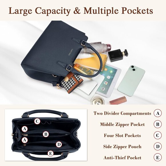 Women Dark Blue PU leather Top-Handle Waterproof Anti Theft Leather Handbag - Picture 4 of 7